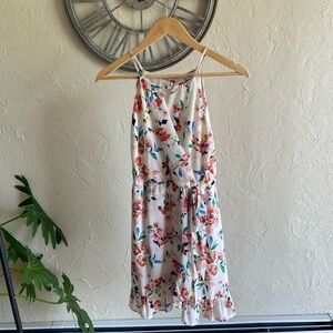 Miami Women’s White with Floral Tabk Top Fake Wrap-Around Dress